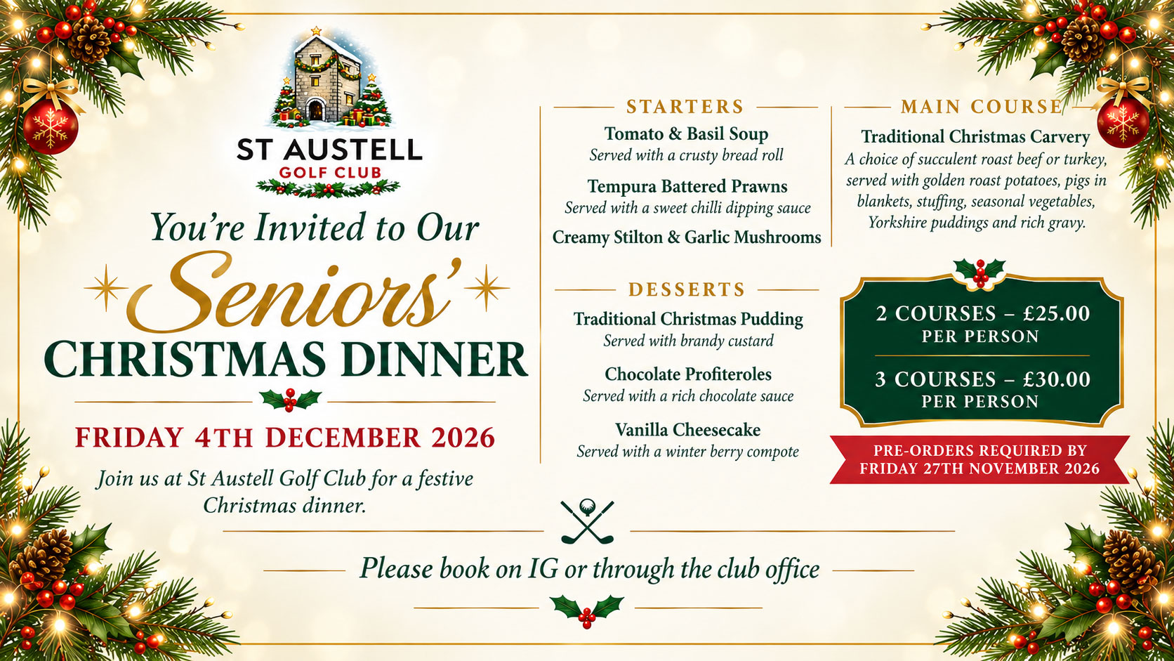 Featured image for “Seniors Christmas Dinner – Friday 4th Dec 2026”